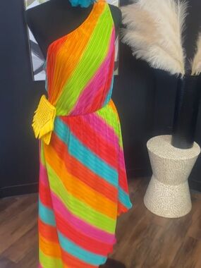 One Shoulder Rainbow Asymmetrical Midi Dress -1x -3x